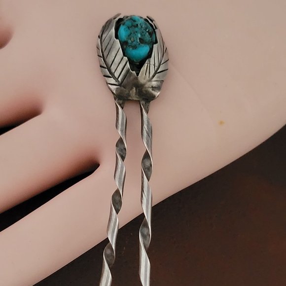 Vintage Navajo Sterling Leaf Bezel Set Turquoise Hand Crafted Hair Pin - Picture 1 of 7
